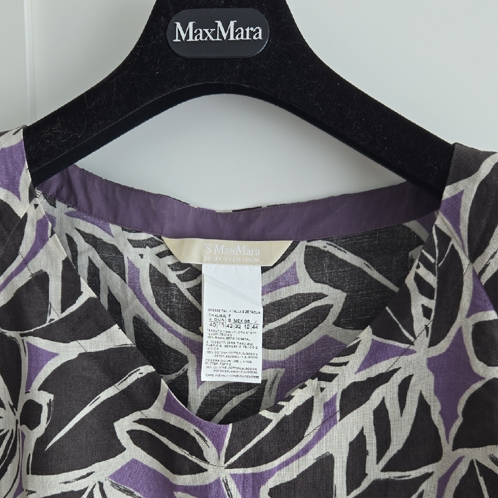 MaxMara Purple and Cream Leaf-Print Short Sleeve Linen Top size 10 - Picture 3 of 9